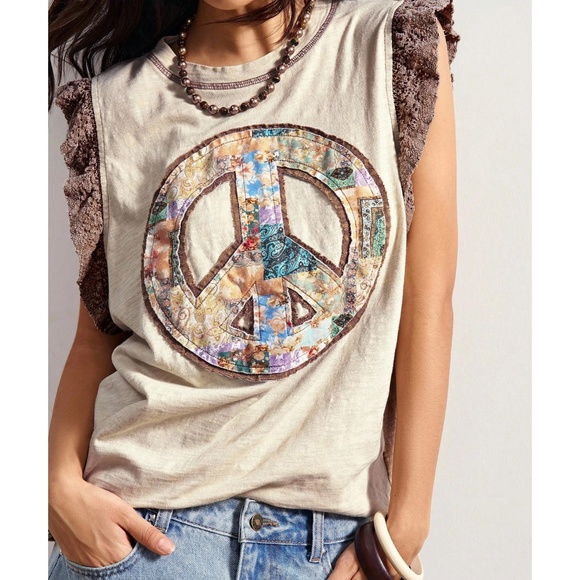 Boho Color block Floral print Peace Patchwork Tank Top - Picture 6 of 6